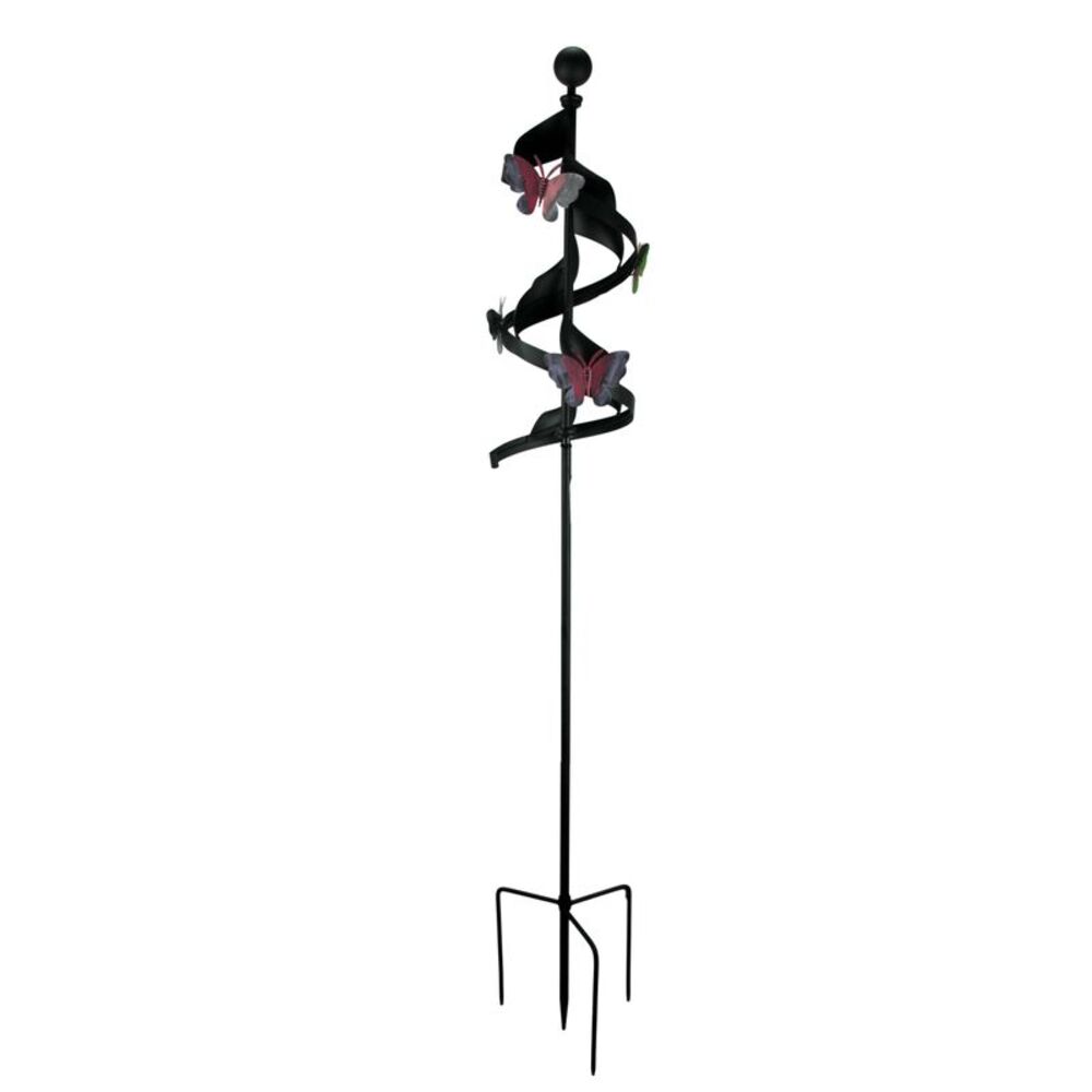 Black Metal Ribbon Pink Butterfly Wind Spinner Garden Stake